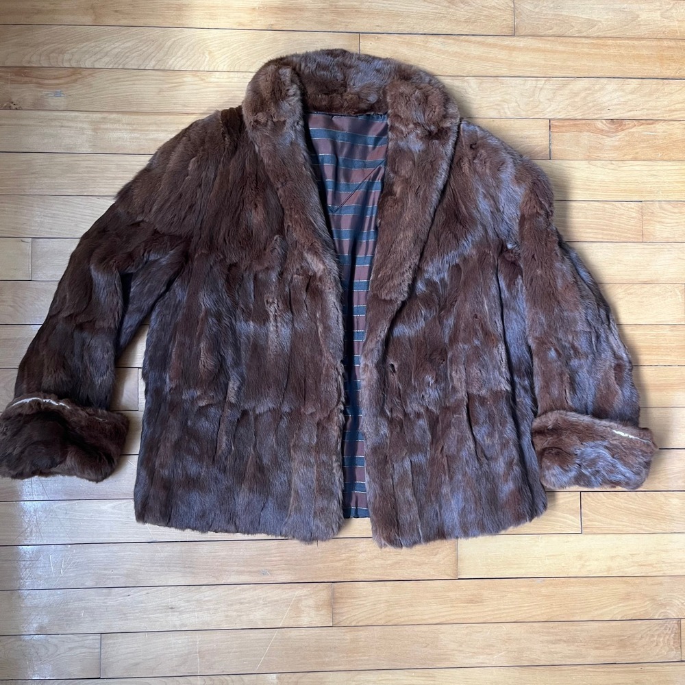 Vintage Brown Real Fur Jacket Shawl Collar Striped Lining Mid Length Coat Fair